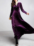 Woochic robe longue unicolore velours à volantée v-cou manches longues élégant de soirée Violet S