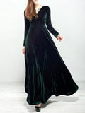 Woochic robe longue unicolore velours à volantée v-cou manches longues élégant de soirée Vert emeraude S