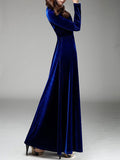 Woochic robe longue unicolore velours à volantée v-cou manches longues élégant de soirée