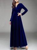 Woochic robe longue unicolore velours à volantée v-cou manches longues élégant de soirée