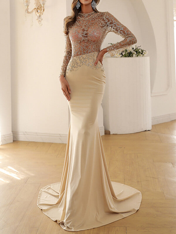 Woochic robe maxi longue moulante transparent brillante paillette dos nu sirene élégant soirée