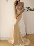 Woochic robe maxi longue moulante transparent brillante paillette dos nu sirene élégant soirée