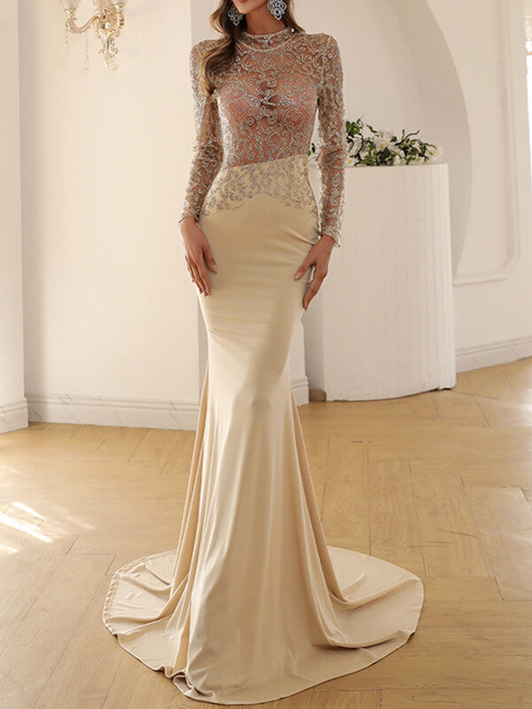 Woochic robe maxi longue moulante transparent brillante paillette dos nu sirene élégant soirée