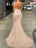Woochic robe maxi longue sirene à fines brides brillante paillette sans manches élégant de soirée