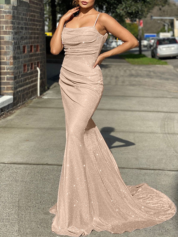 Woochic robe maxi longue sirene à fines brides brillante paillette sans manches élégant de soirée Champagne S