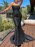 Woochic robe maxi longue sirene à fines brides brillante paillette sans manches élégant de soirée Noir S