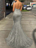 Woochic robe maxi longue sirene à fines brides brillante paillette sans manches élégant de soirée