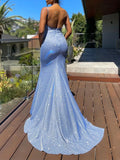 Woochic robe maxi longue sirene à fines brides brillante paillette sans manches élégant de soirée