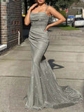 Woochic robe maxi longue sirene à fines brides brillante paillette sans manches élégant de soirée Gris pâle S