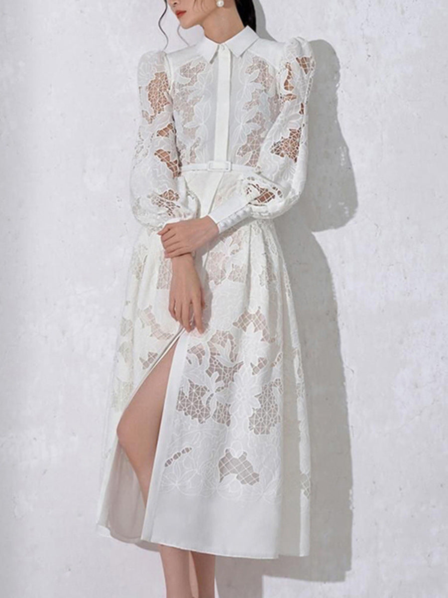 Woochic robe mi-longue à revers manches lanterne trapèze fendue brodées découpes blanc S