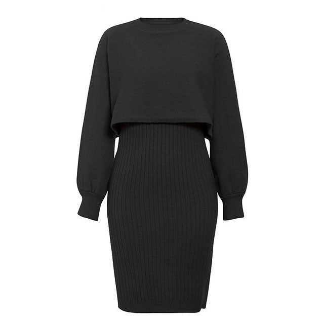 Woochic robe pull deux-pièces col rond bretelles manches chauve-souris noir One size