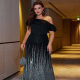 Woochic robe soirée grande taille noir et argent à paillettes à une épaule, banquet