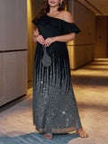 Woochic robe soirée grande taille noir et argent à paillettes à une épaule, banquet