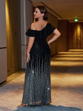 Woochic robe soirée grande taille noir et argent à paillettes à une épaule, banquet