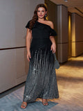 Woochic robe soirée grande taille noir et argent à paillettes à une épaule, banquet