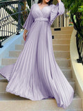 Woochic robes longue plissé ceinture v-cou manches 3/4 manches trompette élégant de soirée Gris S