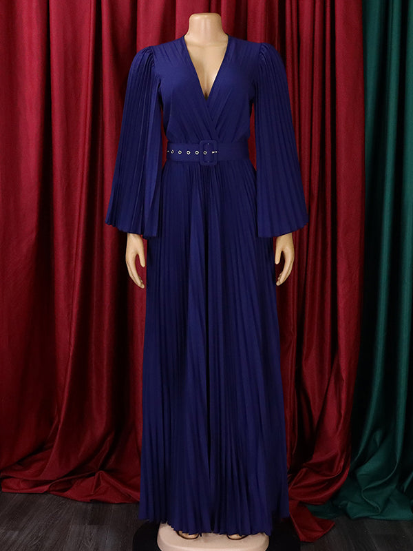 Woochic robes longue plissé ceinture v-cou manches 3/4 manches trompette élégant de soirée