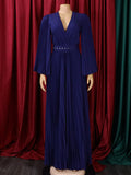 Woochic robes longue plissé ceinture v-cou manches 3/4 manches trompette élégant de soirée