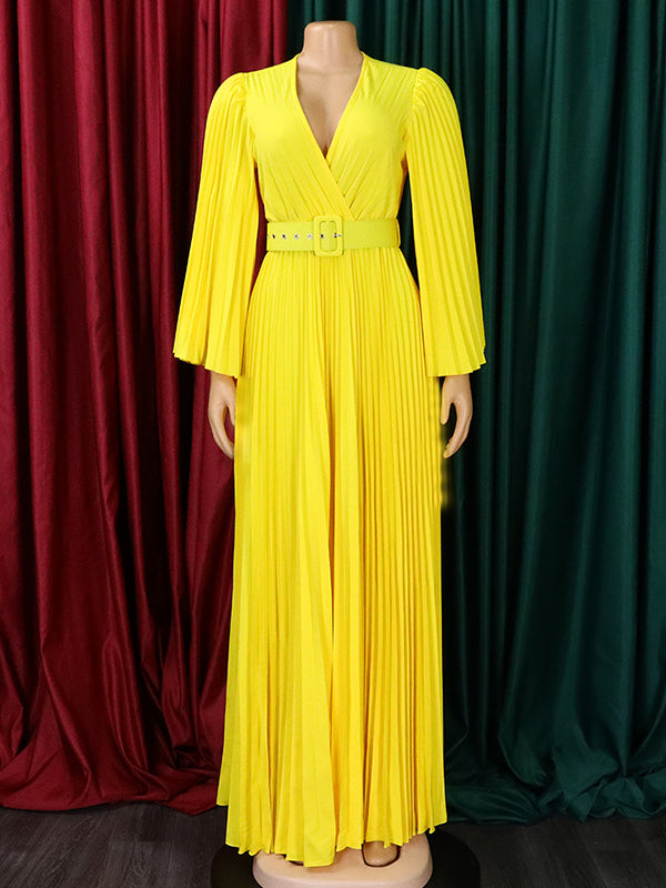 Woochic robes longue plissé ceinture v-cou manches 3/4 manches trompette élégant de soirée