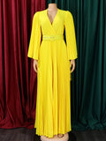 Woochic robes longue plissé ceinture v-cou manches 3/4 manches trompette élégant de soirée