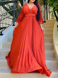 Woochic robes longue plissé ceinture v-cou manches 3/4 manches trompette élégant de soirée Rouge S