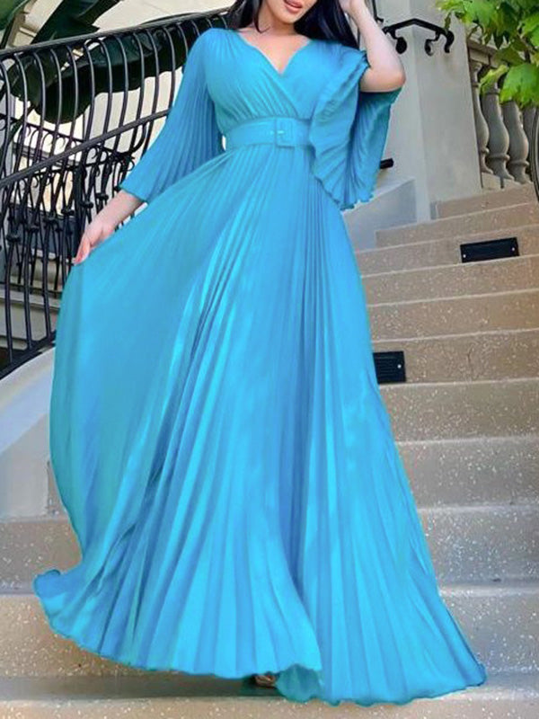Woochic robes longue plissé ceinture v-cou manches 3/4 manches trompette élégant de soirée Bleu ciel S