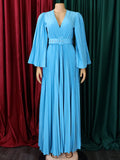 Woochic robes longue plissé ceinture v-cou manches 3/4 manches trompette élégant de soirée
