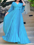 Woochic robes longue plissé ceinture v-cou manches 3/4 manches trompette élégant de soirée Bleu ciel S