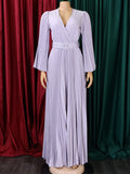 Woochic robes longue plissé ceinture v-cou manches 3/4 manches trompette élégant de soirée