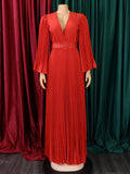 Woochic robes longue plissé ceinture v-cou manches 3/4 manches trompette élégant de soirée