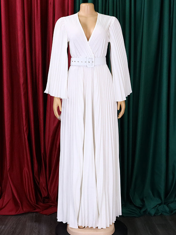 Woochic robes longue plissé ceinture v-cou manches 3/4 manches trompette élégant de soirée