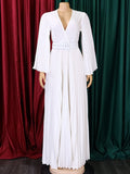 Woochic robes longue plissé ceinture v-cou manches 3/4 manches trompette élégant de soirée