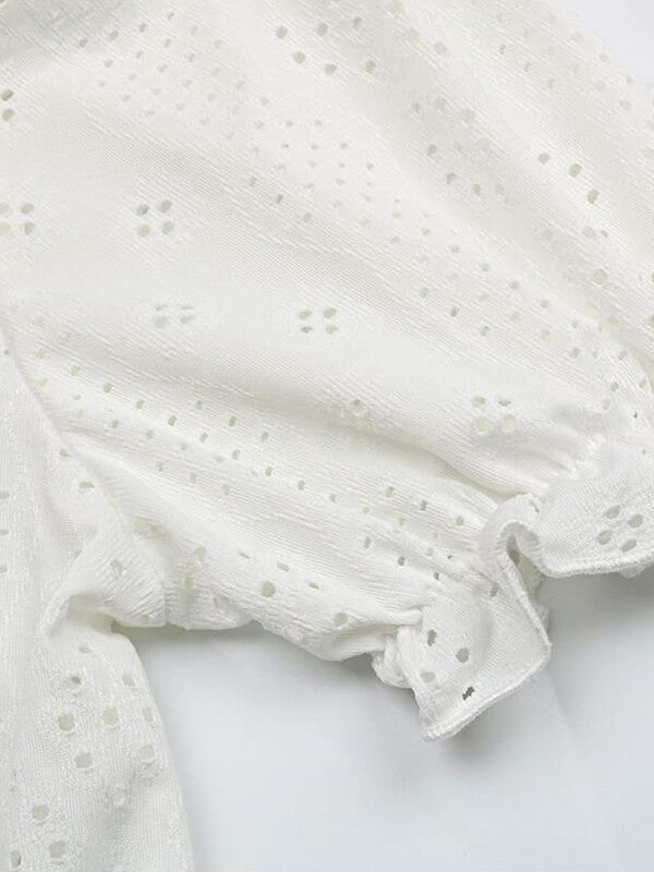 Woochic shirt brodée boutonnage v-cou manches bouffantes femme mode blanche