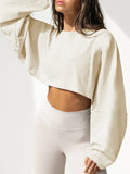 Woochic sweatshirt courte col rond femme décontracté mode Beige S