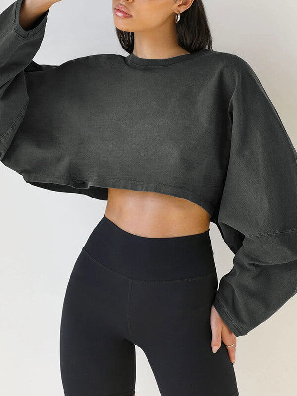 Woochic sweatshirt courte col rond femme décontracté mode Gris foncé S