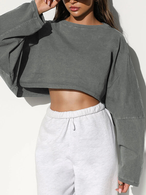 Woochic sweatshirt courte col rond femme décontracté mode Gris clair S