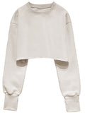 Woochic sweatshirt courte col rond manches longues femme mode Beige S