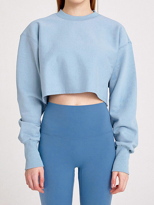 Woochic sweatshirt courte col rond manches longues femme mode Bleu S