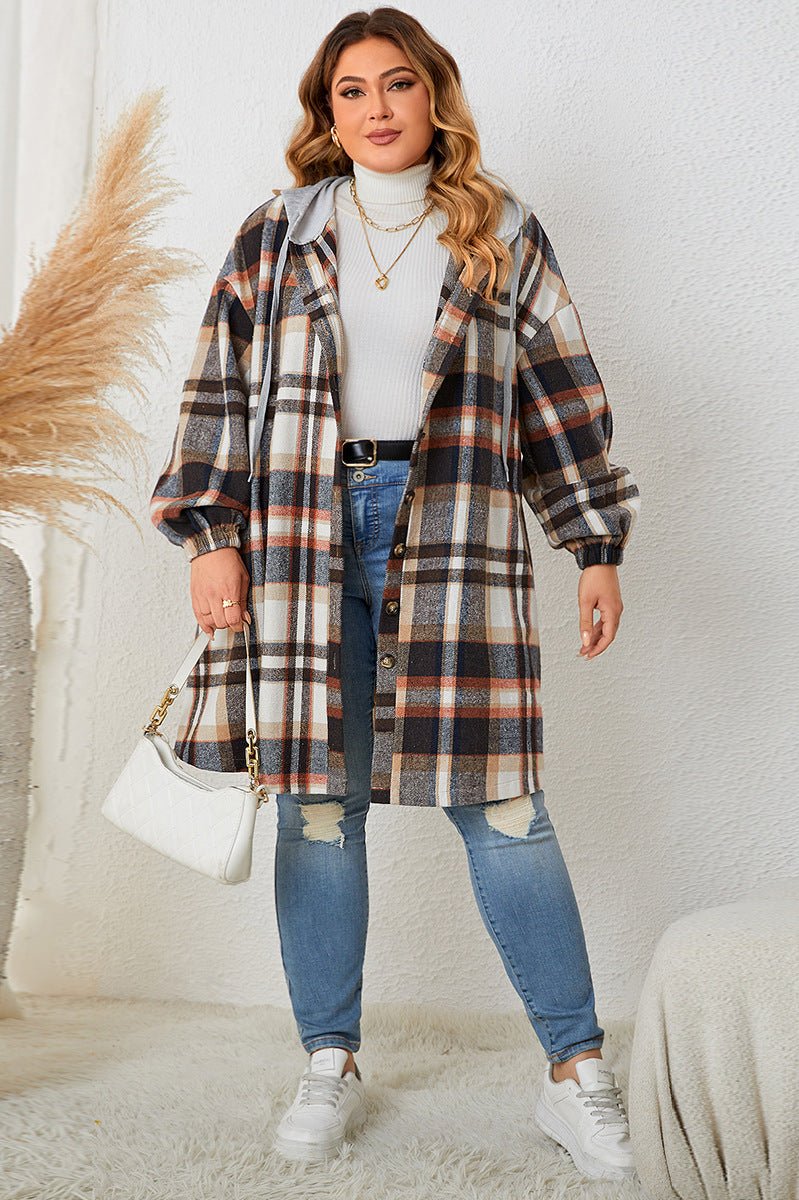 Woochic veste grande taille femme à capuche motif carreaux brun 1XL