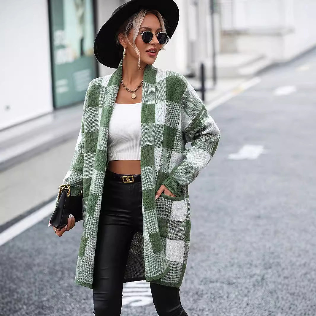 Woochic veste pour femmes cardigan à carreaux couleur contrasté