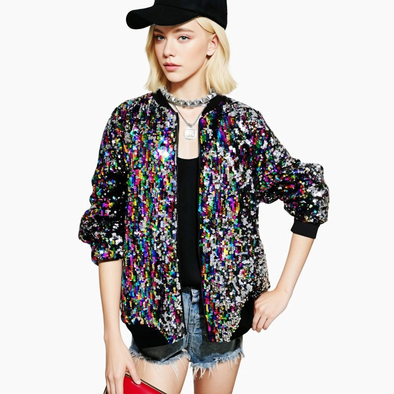 Woochic veste pour femmes col montant paillettes scintillantes Multicolor S