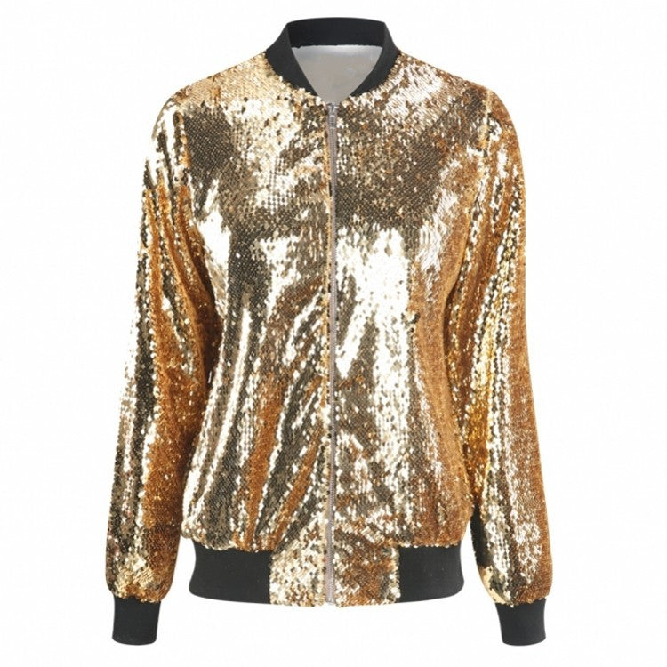 Woochic veste pour femmes col montant paillettes scintillantes doré S