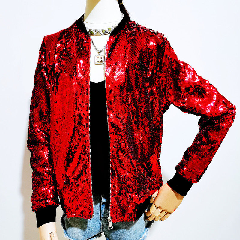 Woochic veste pour femmes col montant paillettes scintillantes rouge S