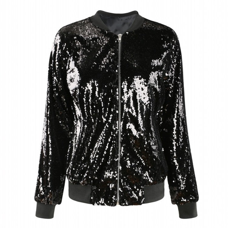 Woochic veste pour femmes col montant paillettes scintillantes noir S