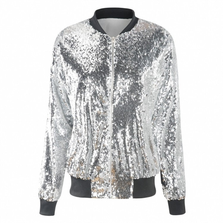 Woochic veste pour femmes col montant paillettes scintillantes argent S