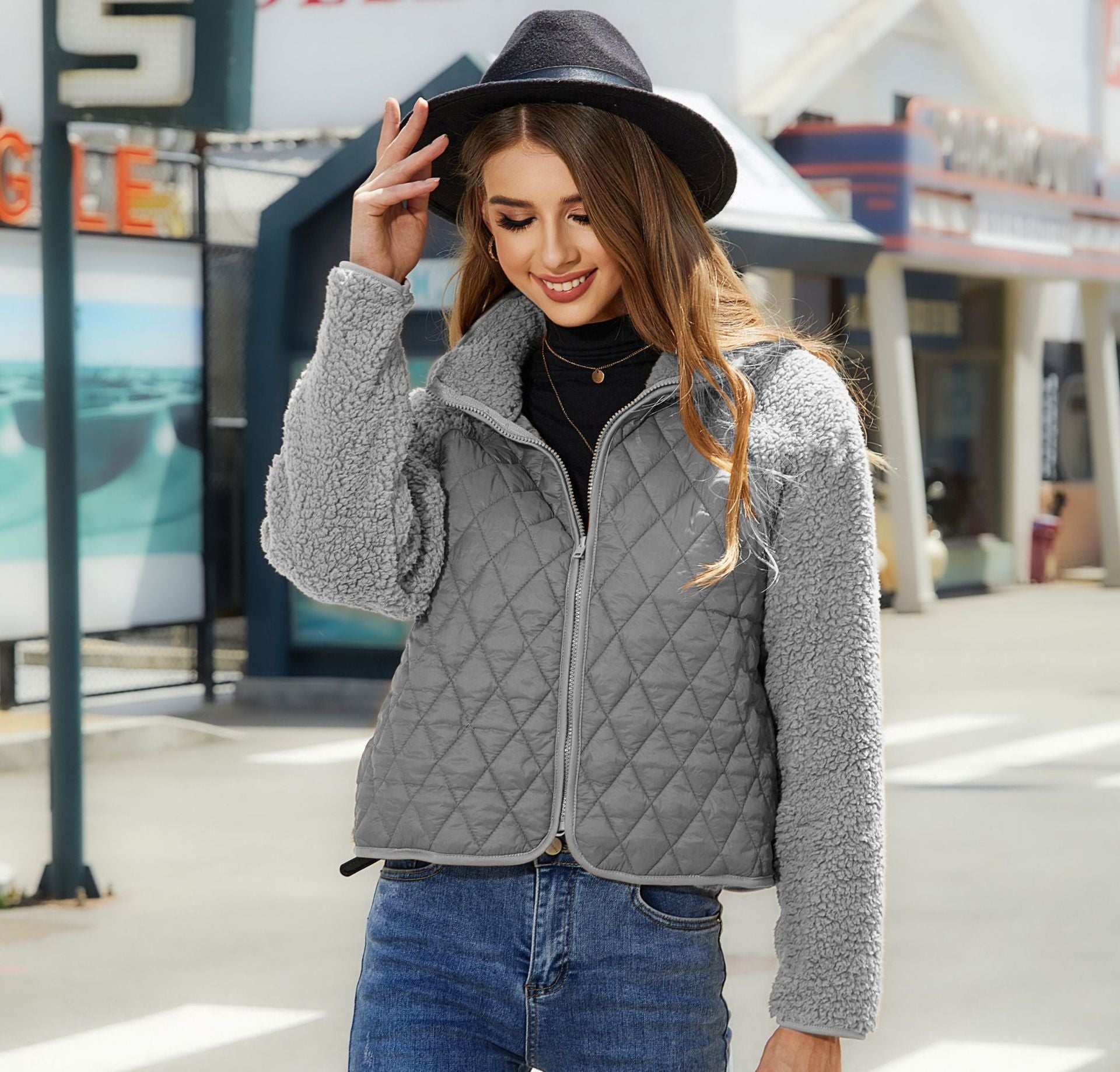 Woochic veste pour femmes col montant peluche double face argent S