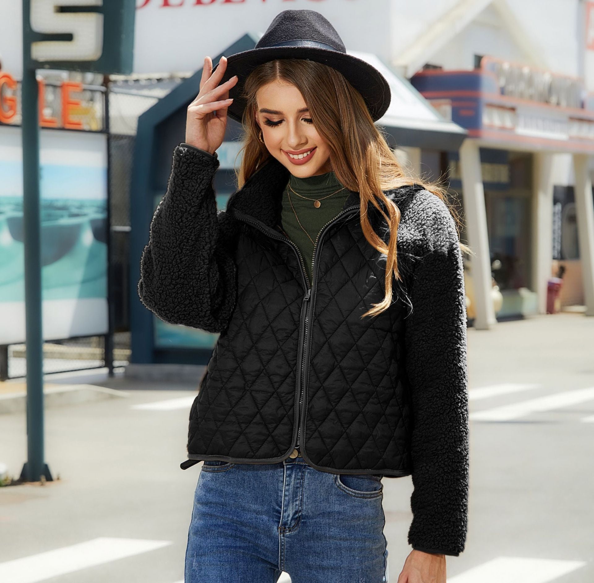 Woochic veste pour femmes col montant peluche double face noir S