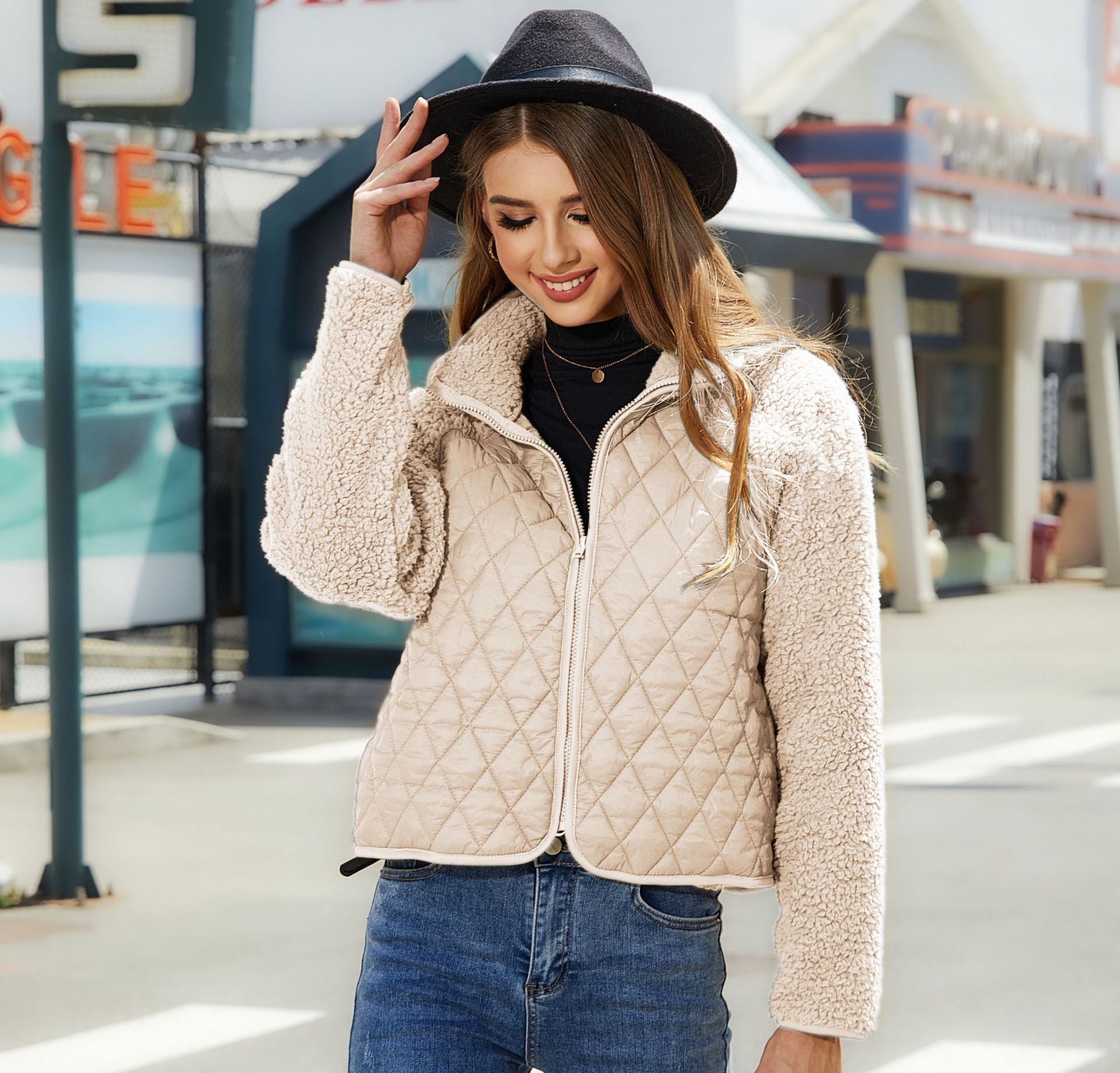 Woochic veste pour femmes col montant peluche double face abricot S
