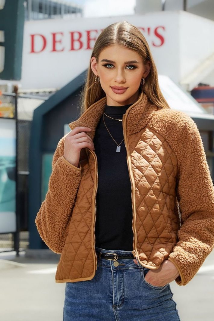 Woochic veste pour femmes col montant peluche double face Chameau S