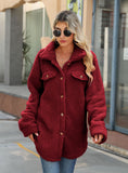 Woochic veste pour femmes col revers en peluche simple boutonnage rouge vineux S